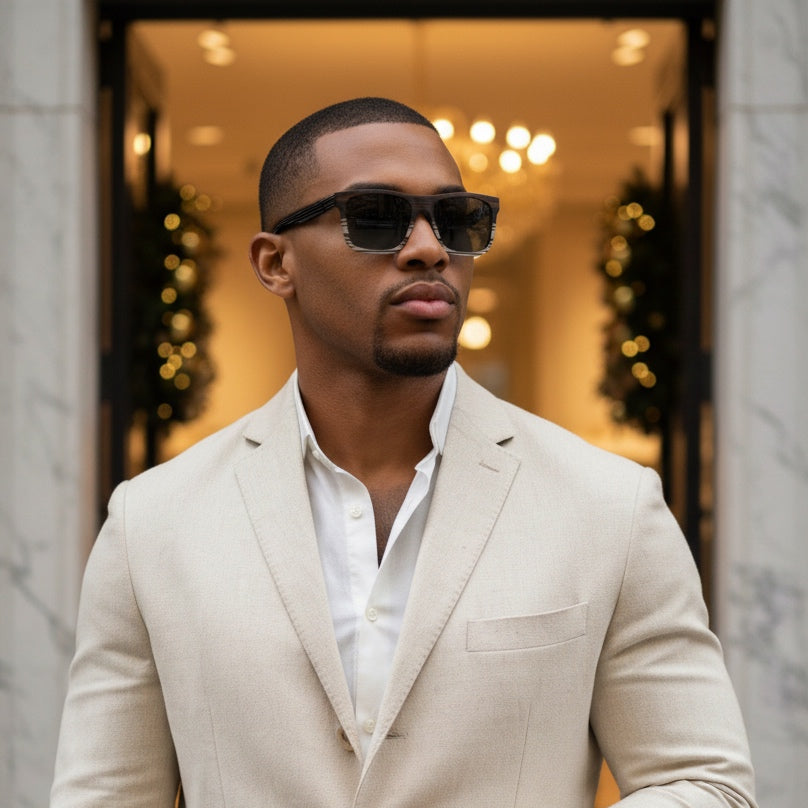 Man wearing a beige suit and wood sunglasses in beige and ebony tones