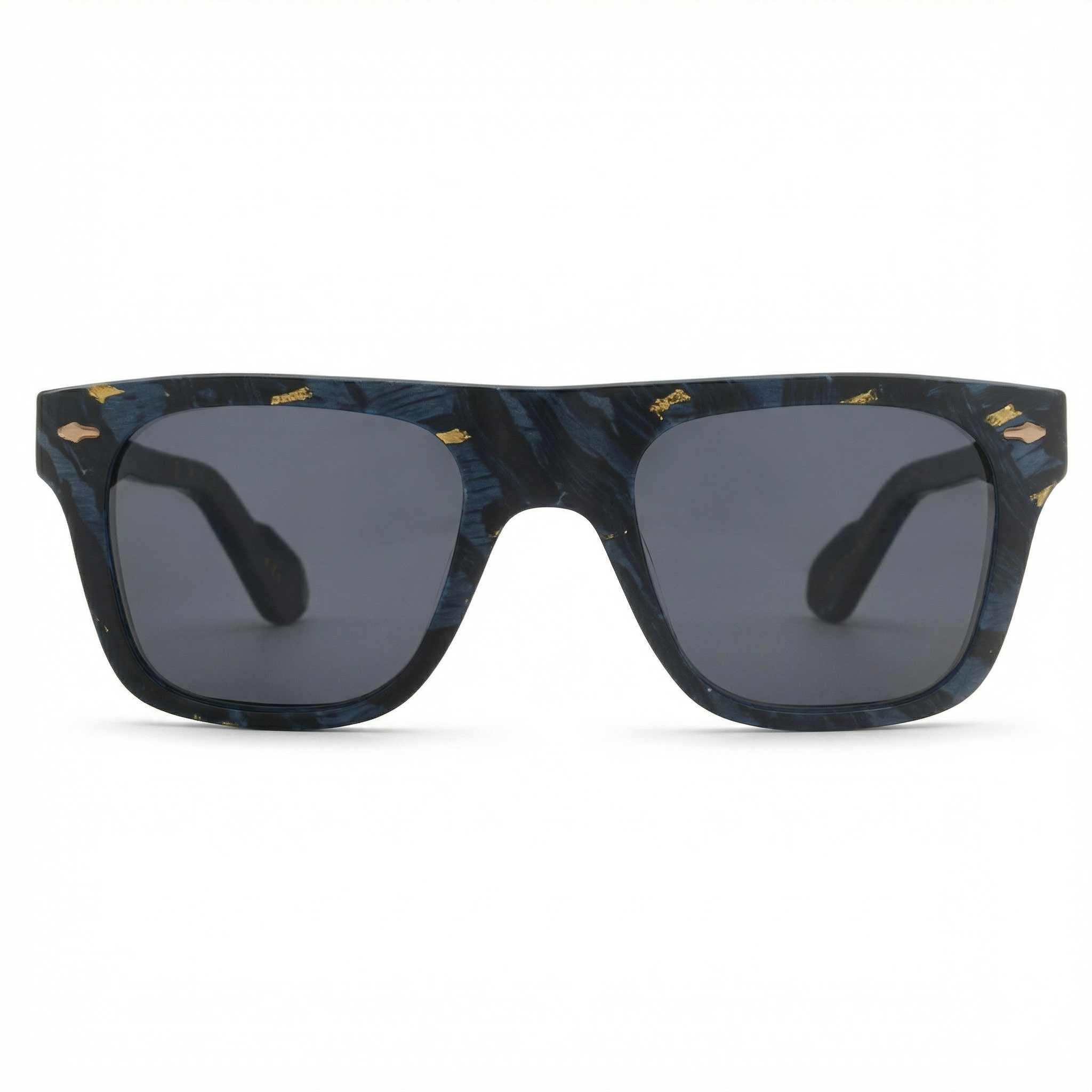 Wood sunglasses with dark blue frame and gray lenses on a white background