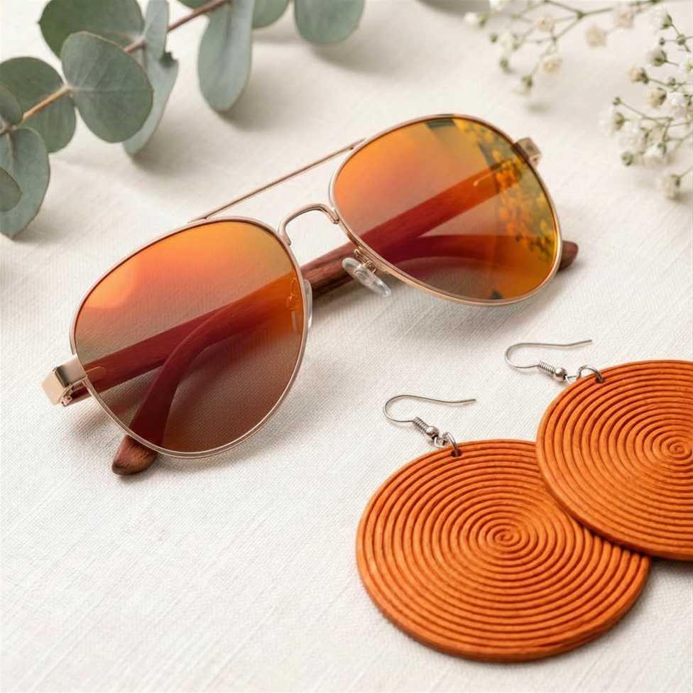 Sunglasses with orange-tinted lenses and circular orange earrings on a light background.