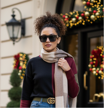 Woman walking on a street wearing a black top, blue jeans, and wood sunglasses with festive decorations in the background.